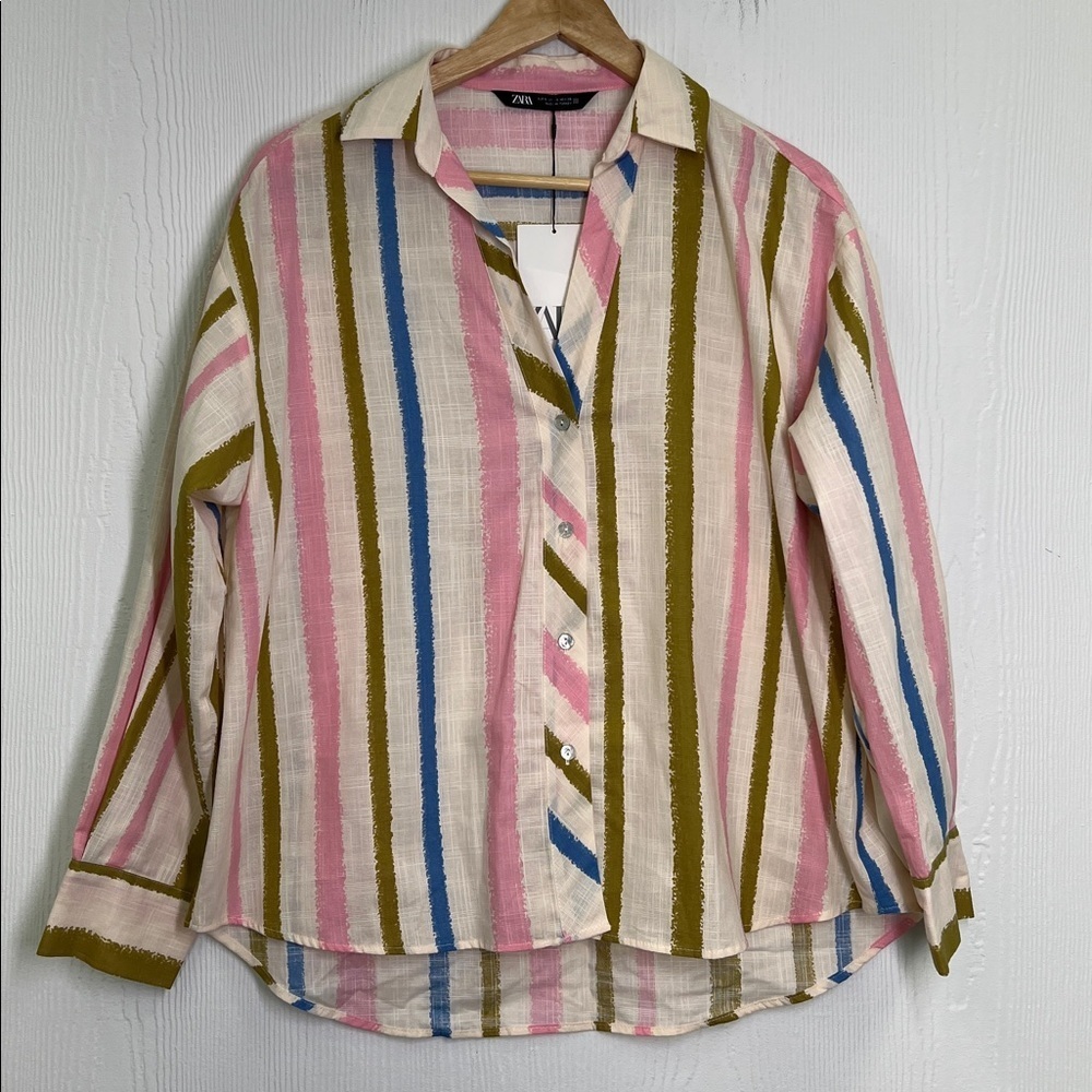 Zara - NWT Oversized Colorful Stripe Button Down Lightweight Blouse Size Small - Picture 7 of 10